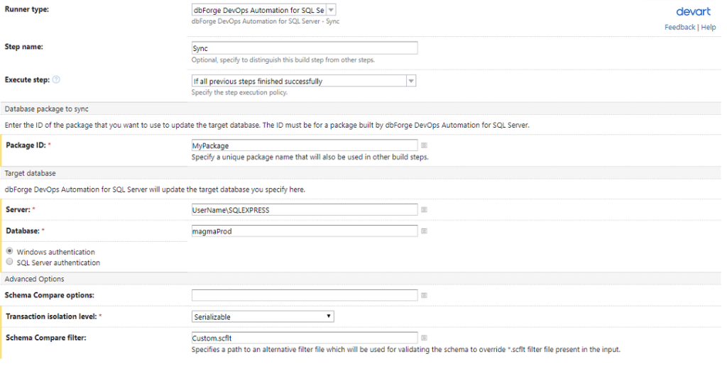 Sync database project for TeamCity CI/CD