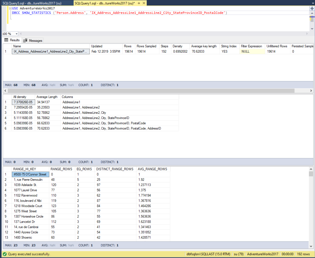 Three sections of the DBCC SHOW_STATISTICS