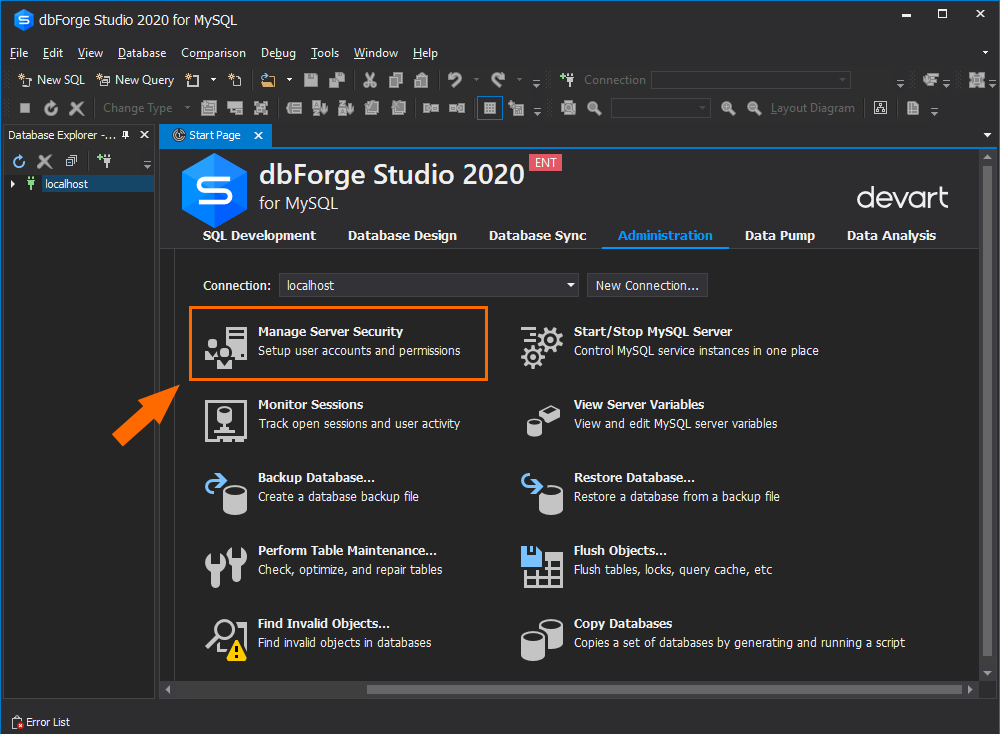Administration tab within dbForge Studio for MySQL