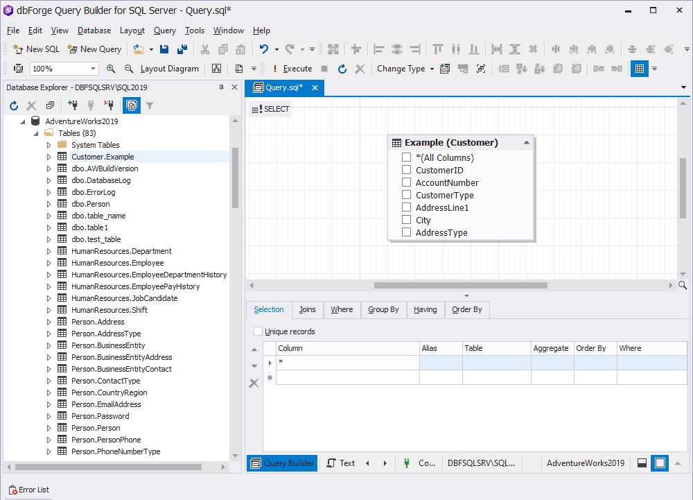 The diagram area of Query Builder