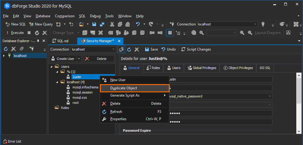 The Duplicate Object option within Security Manager for MySQL