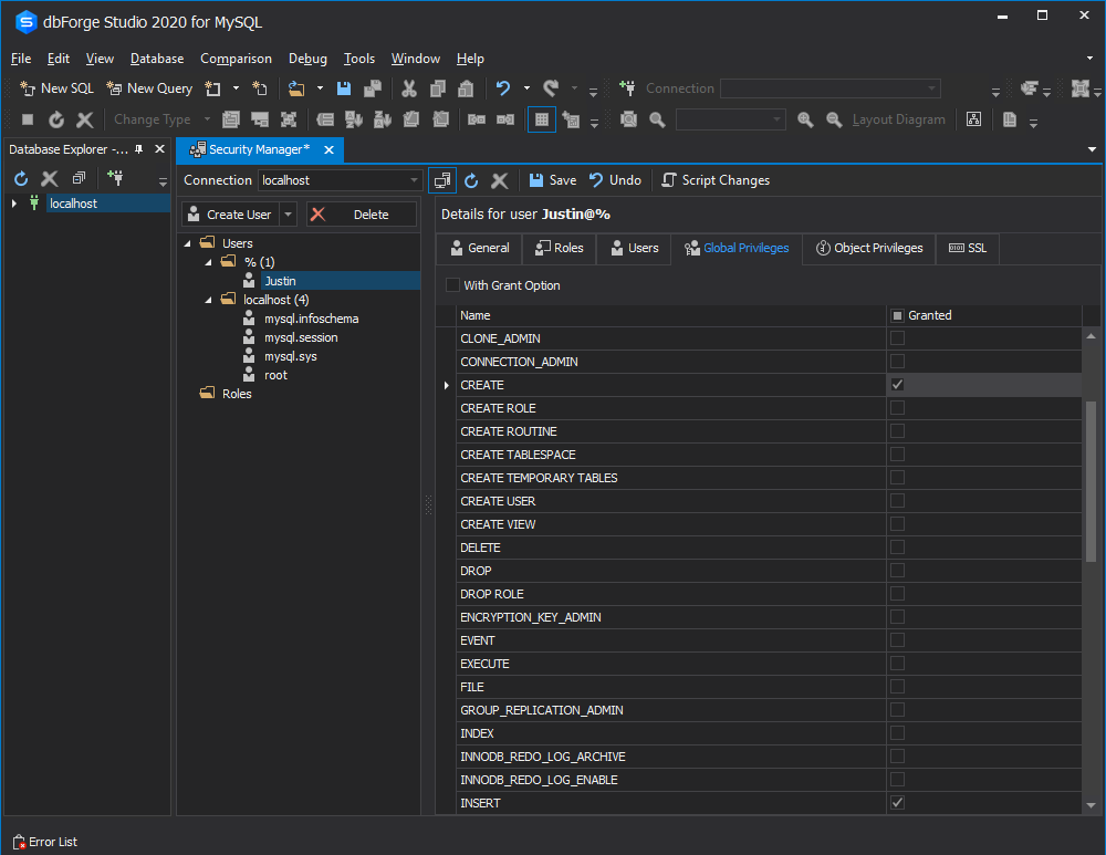 The Global Privileges tab of dbForge Studio for MySQL