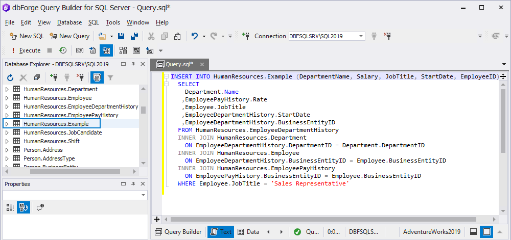 The text of the INSERT INTO query