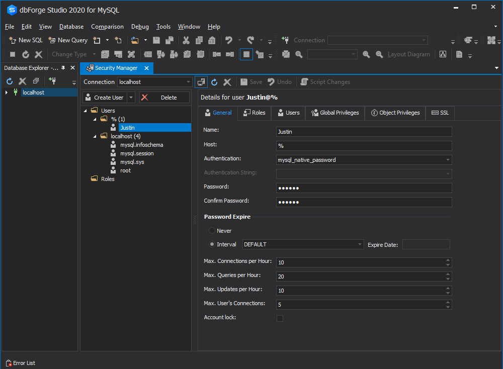The General tab of Security Manager for MySQL