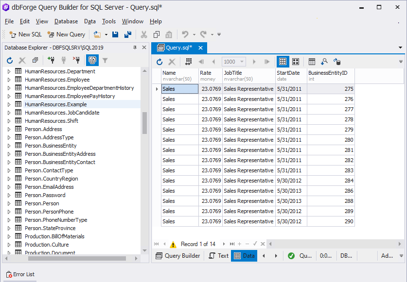 The preview of data resulting from the SELECT statement