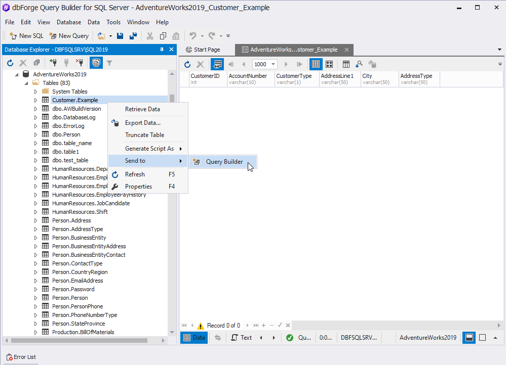 Send a table to Query Builder