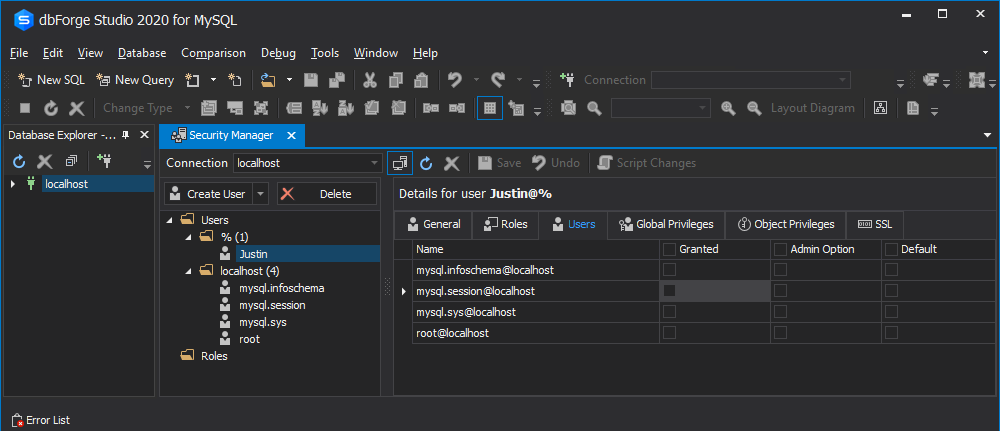 The Users tab of Security Manager