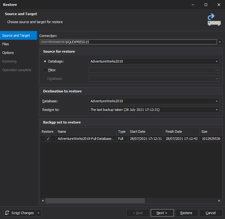 Restore a database in dbForge Studio for SQL Server