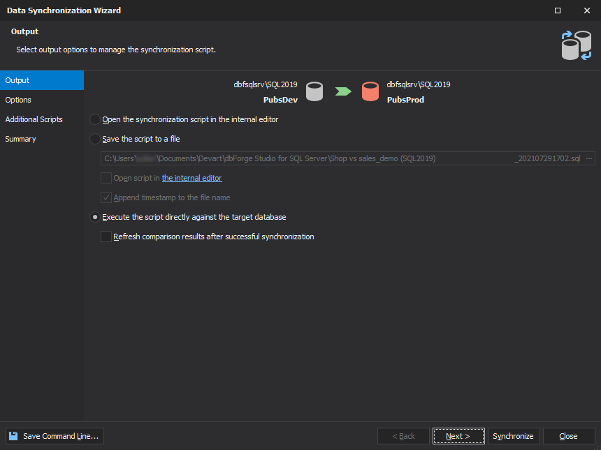 Set up synchronization options and generation script in dbForge Studio for SQL Server