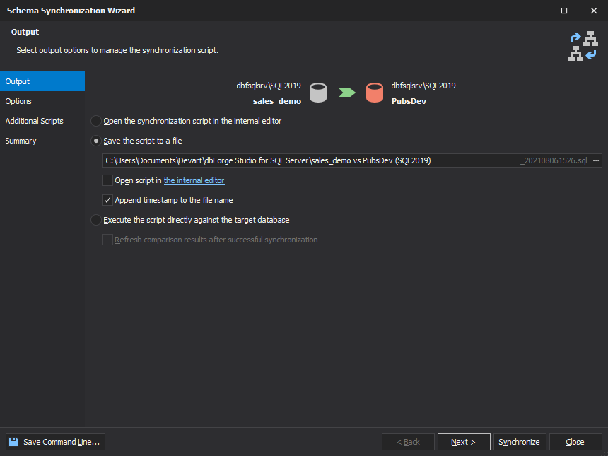 Synchronizing schemas with Schema Compare