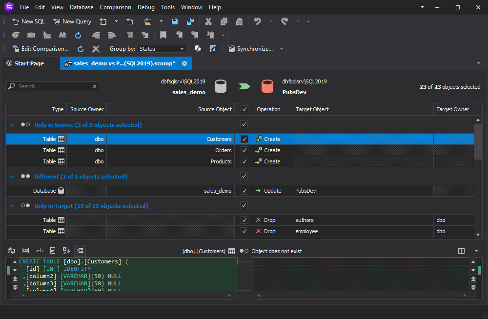 Synchronizing objects to the target database