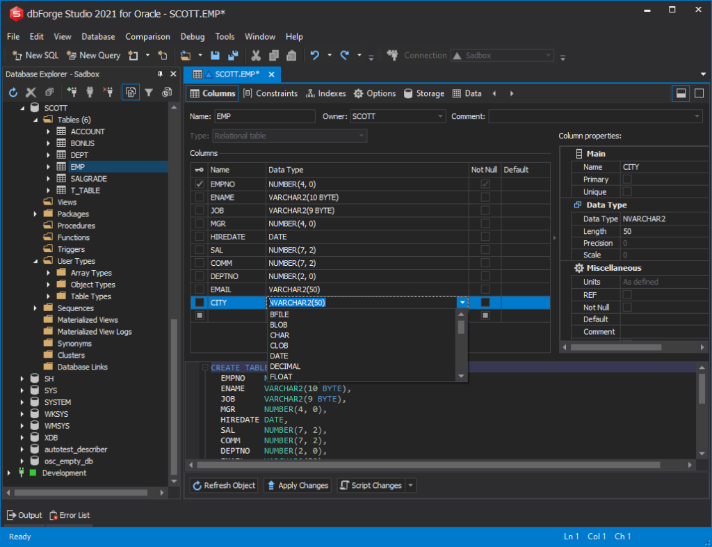 Oracle ALTER TABLE RENAME with dbForge Studio