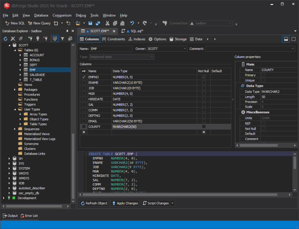 ALTER TABLE RENAME column Oracle 12c in dbForge Studio
