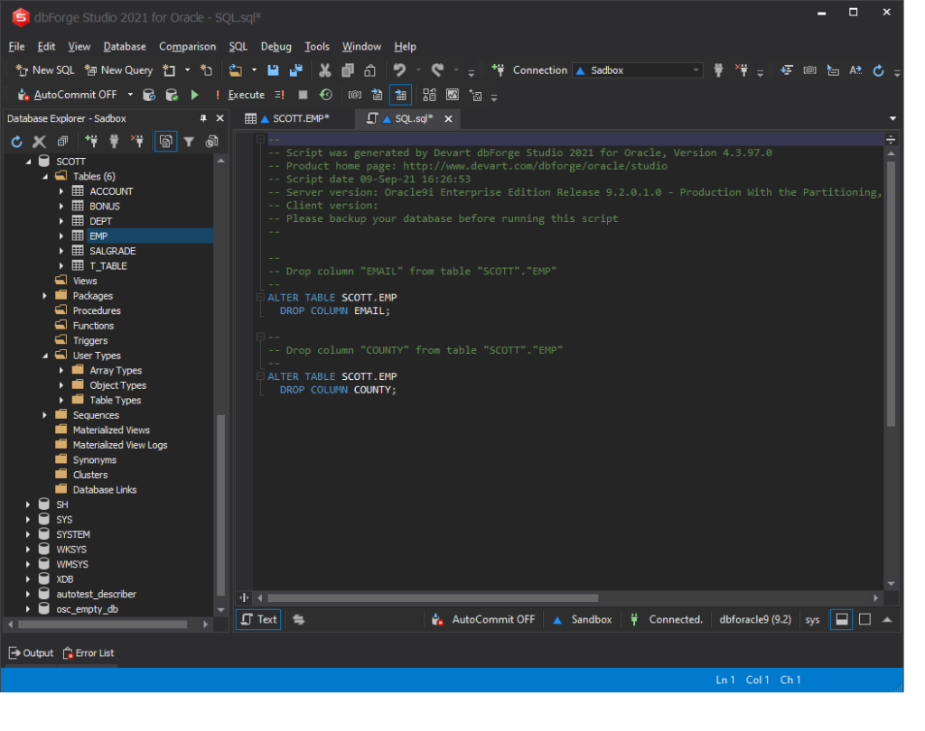 ALTER TABLE DROP script in dbForge Studio for Oracle