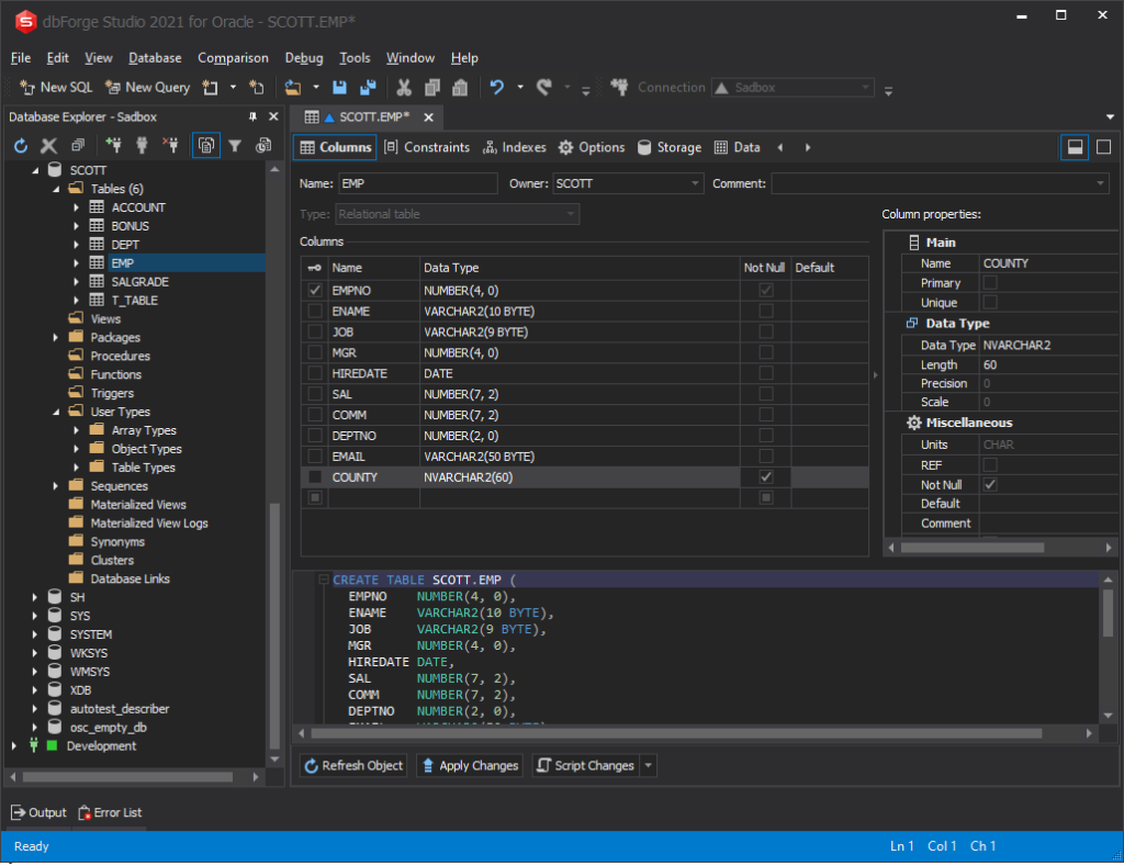 Oracle ALTER TABLE MODIFY in dbForge Studio