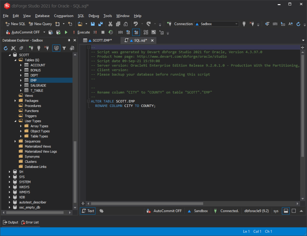 ALTER TABLE RENAME script in dbForge Studio