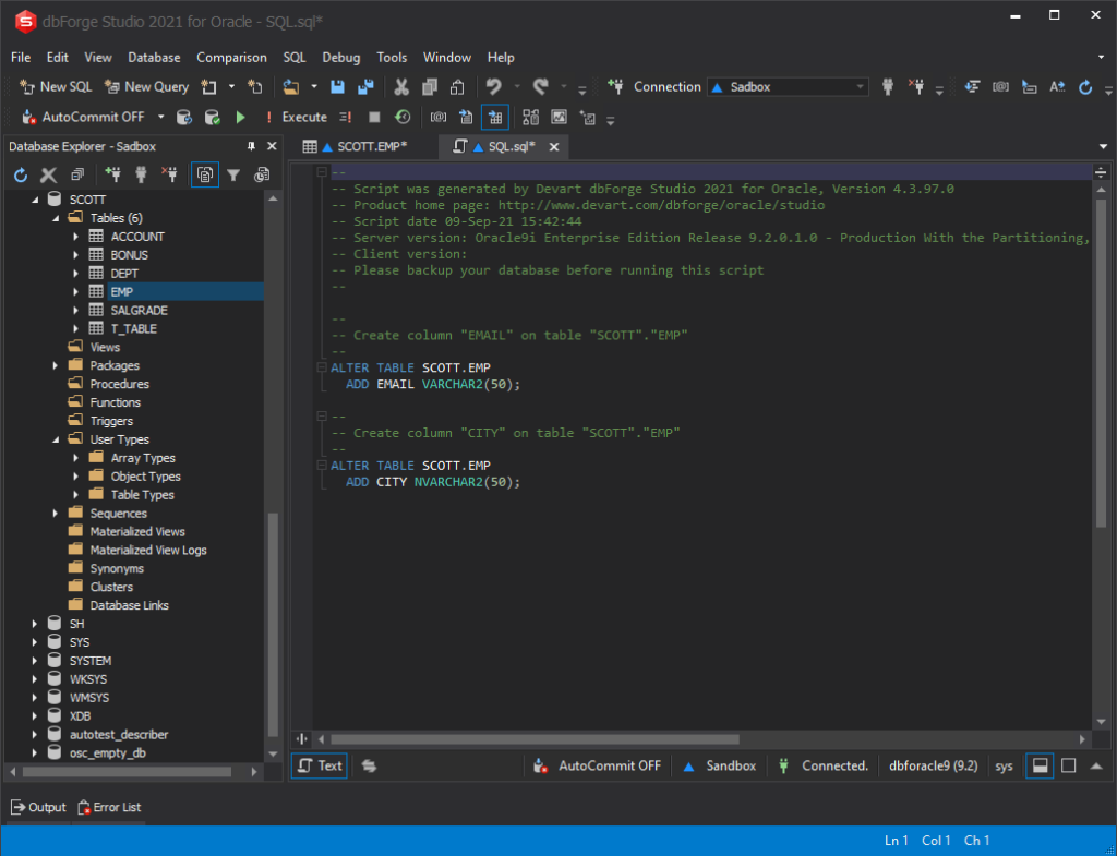 Oracle ALTER TABLE RENAME column example in dbForge Studio
