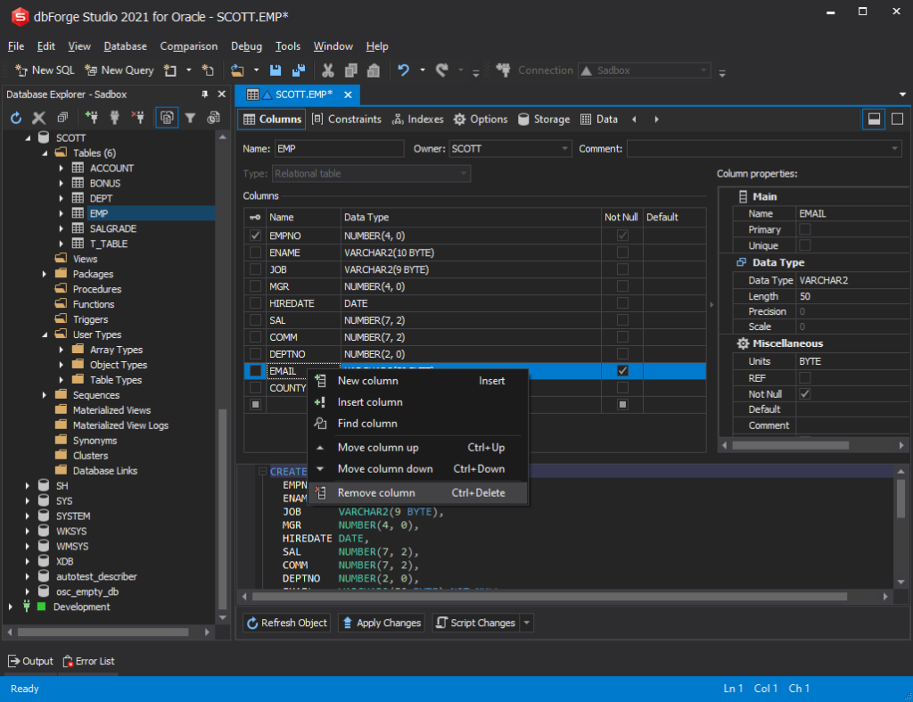 ALTER TABLE DROP in dbForge Studio for Oracle