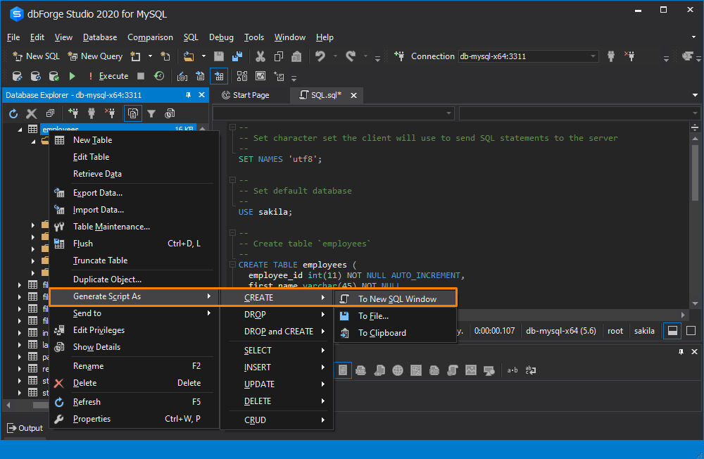 Generate a CREATE script for the table with dbForge Studio for MySQL