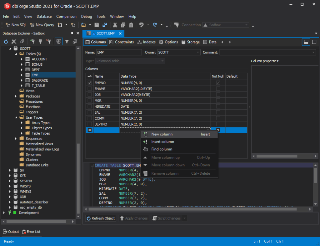 ALTER TABLE Oracle example in dbForge Studio