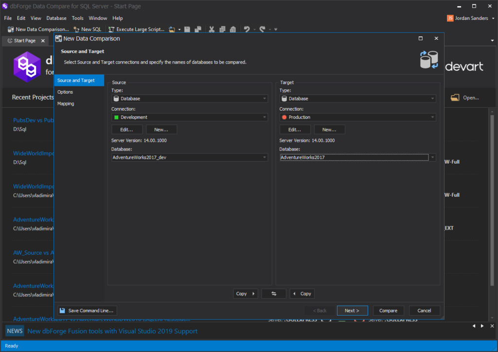 dbForge Data Compare for SQL Server - Source and Target