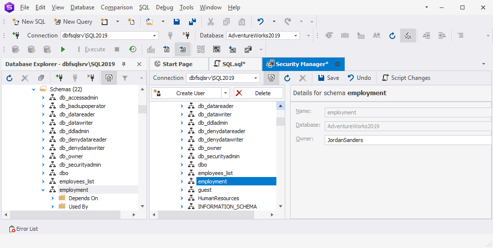 Change a SQL Server schema owner using dbForge Studio for SQL Server