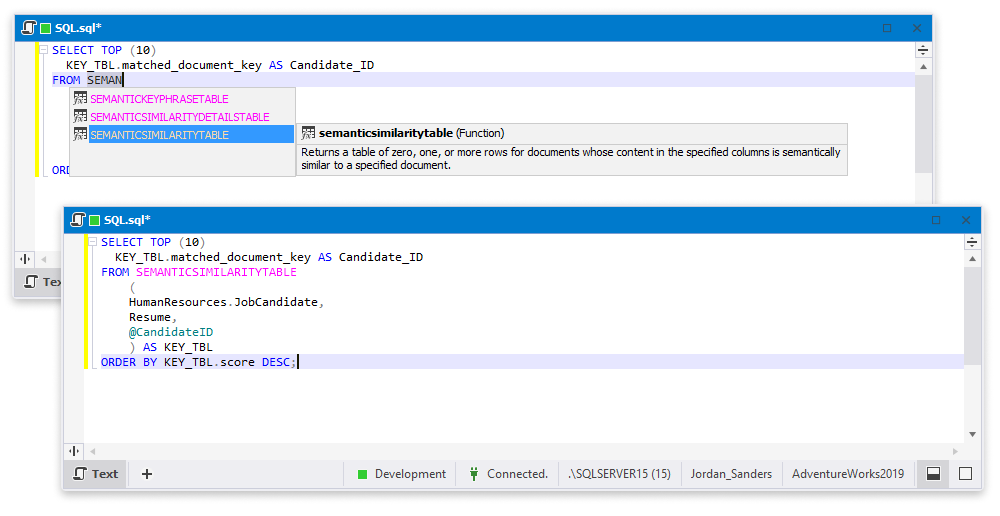 SEMANTICSIMILARITYTABLE, SEMANTICKEYPHRASETABLE, and SEMANTICSIMILARITYDETAILSTABLE functions support in SQL Complete