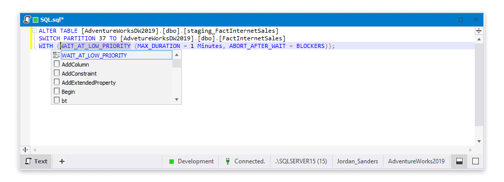 dbForge Studio for SQL Server - WAIT_AT_LOW_PRIORITY option supported