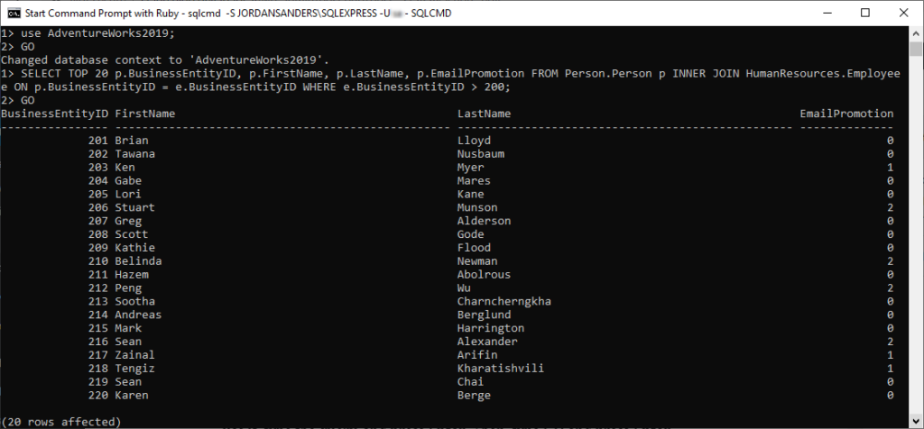 Execute the SELECT TOP SQL statement to retrieve data from the table using the sqlcmd utility