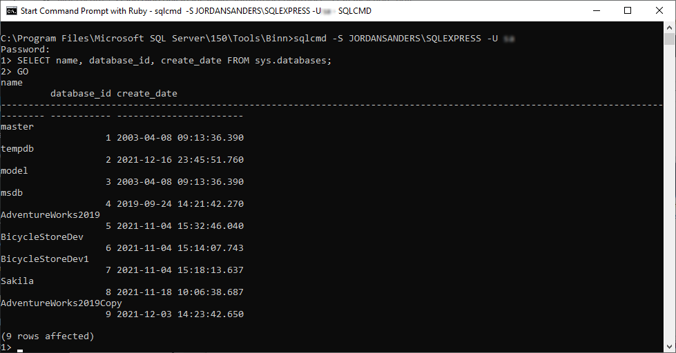 Get the list of databases available on the SQL Server using the sqlcmd utillity
