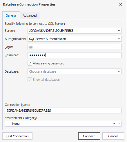 Enter the database connection details using dbForge Studio for SQL Server