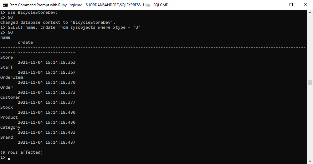 View a list of tables located on the selected database