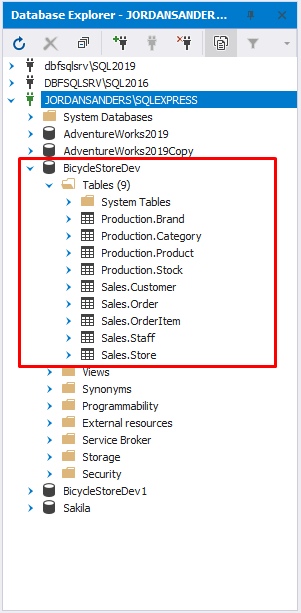 View a list of tables available on the selected database