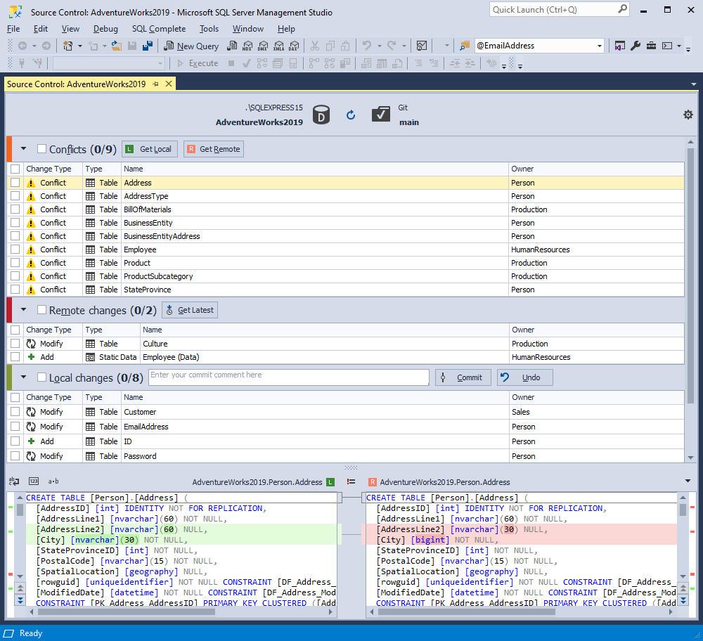 Resolving conflicts in the dedicated database development model
