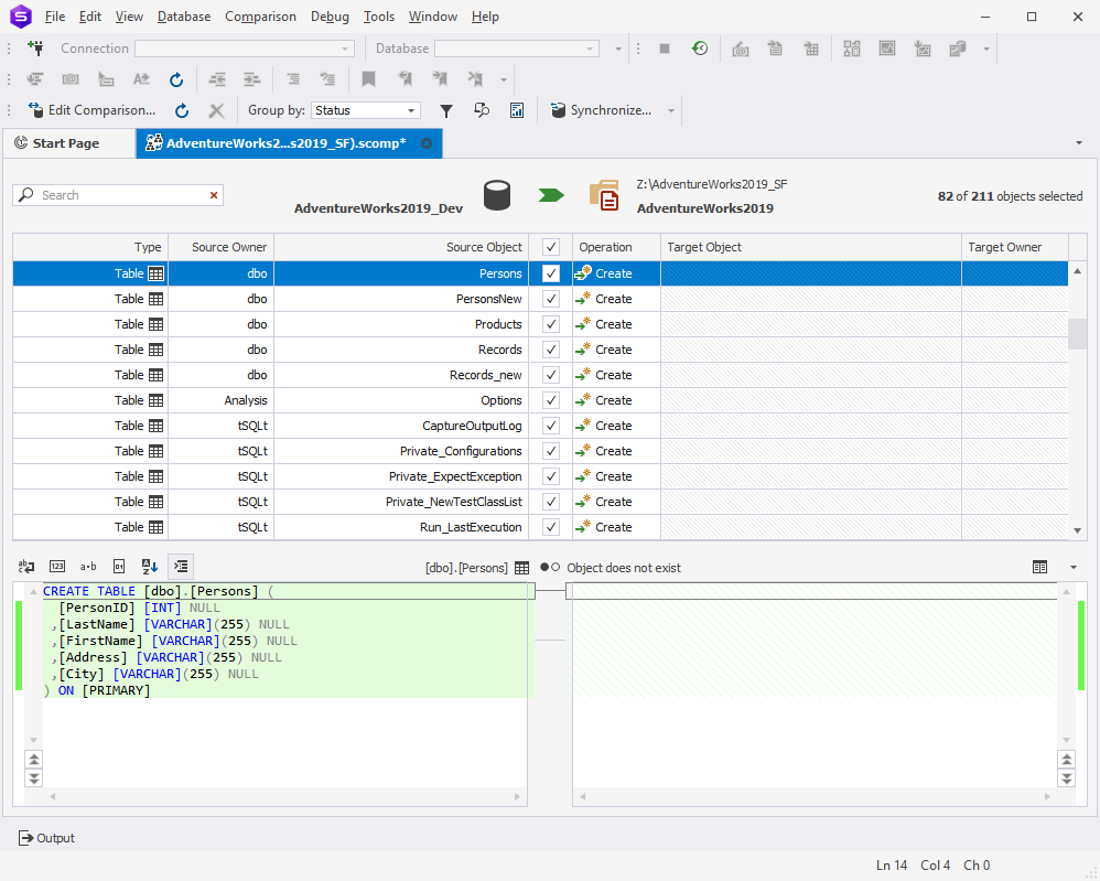 Schema comparison results in dbForge Studio