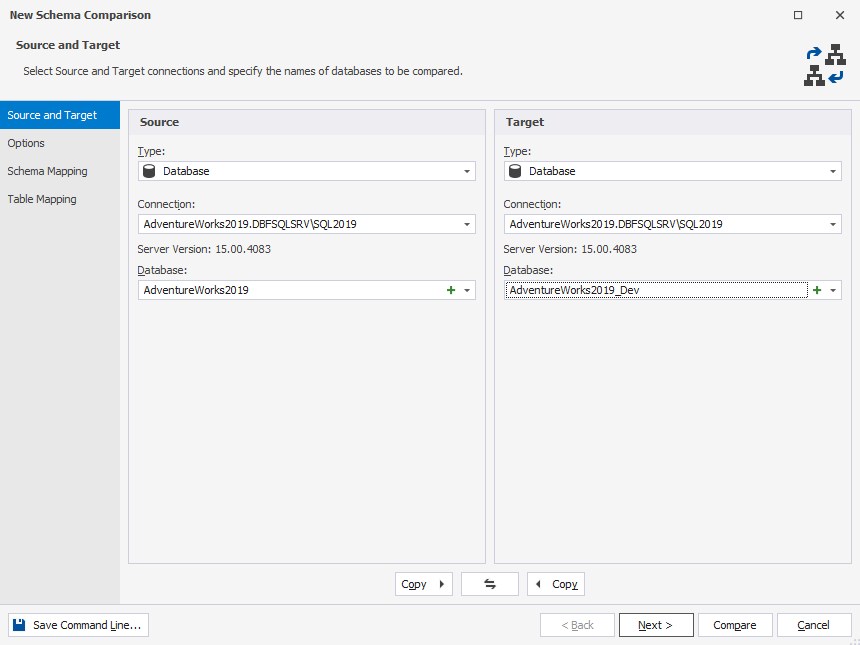 Specify connection and databases