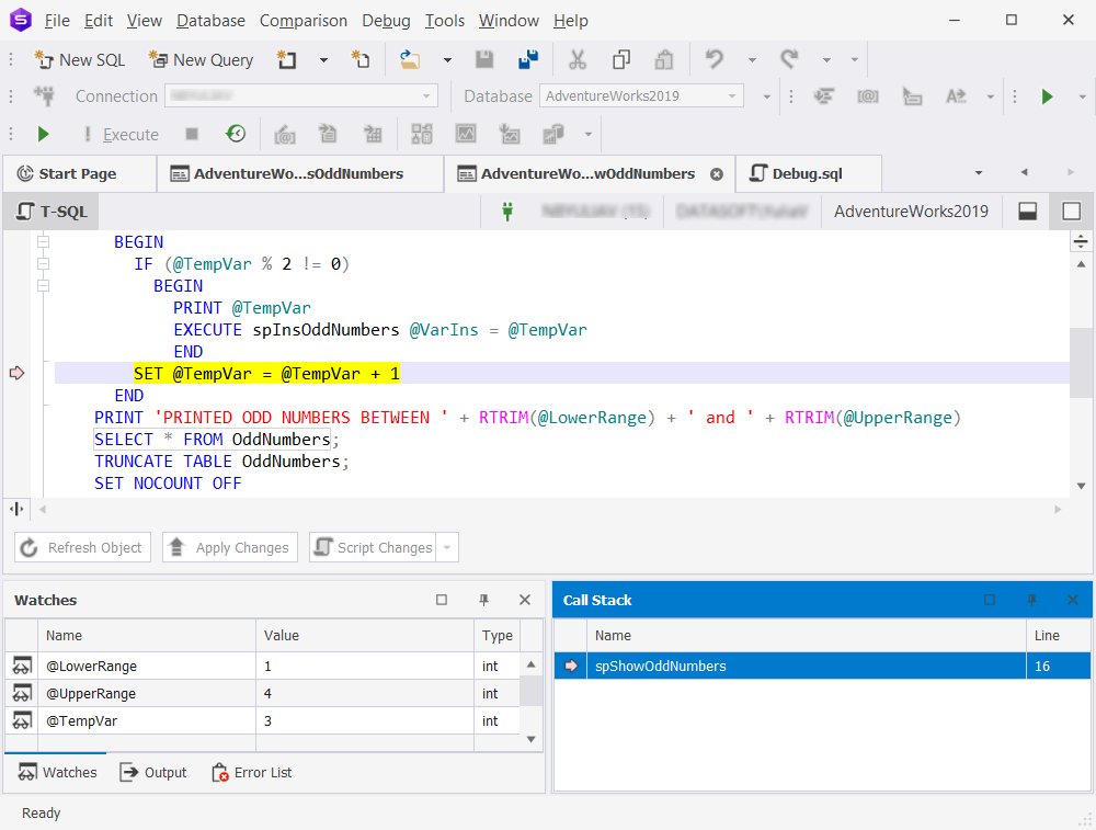 View information about database objects in the Call Stack pane