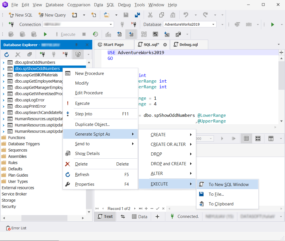 Debug a stored procedure directly from the code in the SQL document