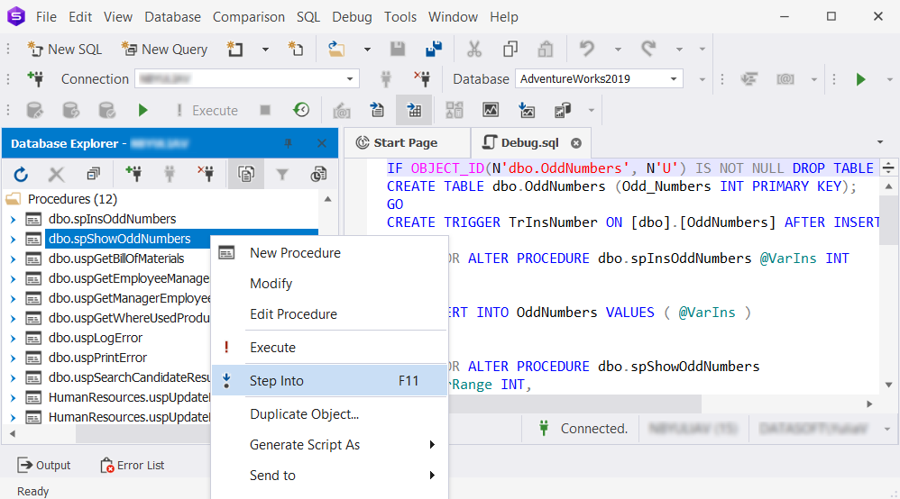 Click Step Into to start debugging