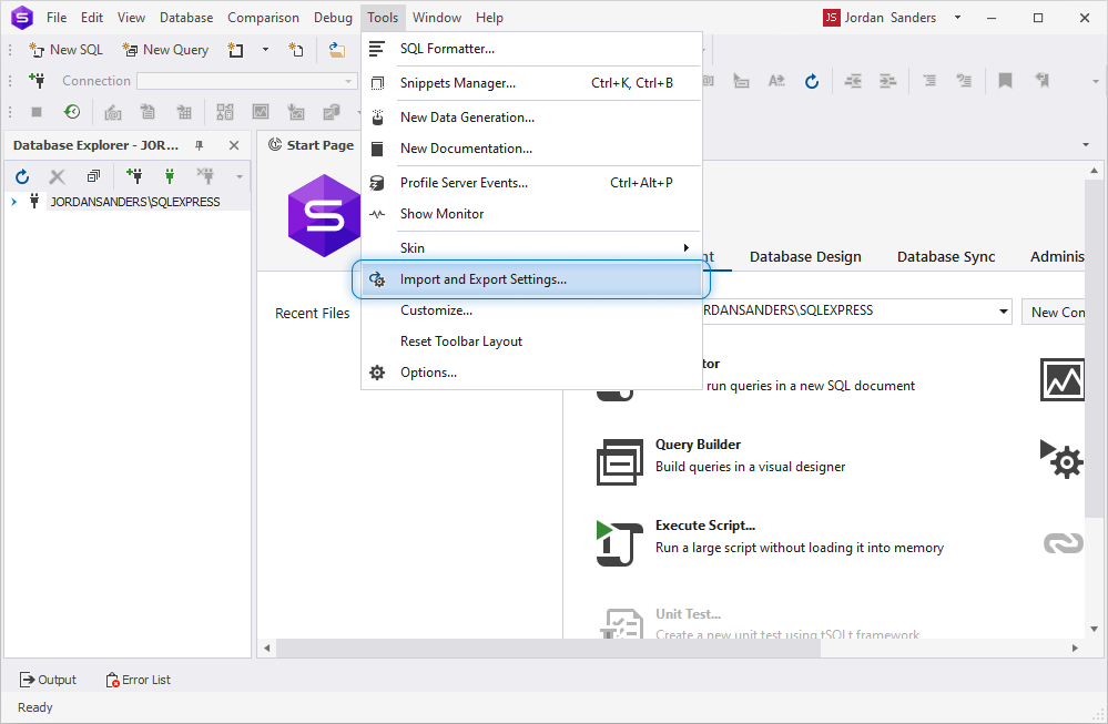 The Import and Export Settings menu