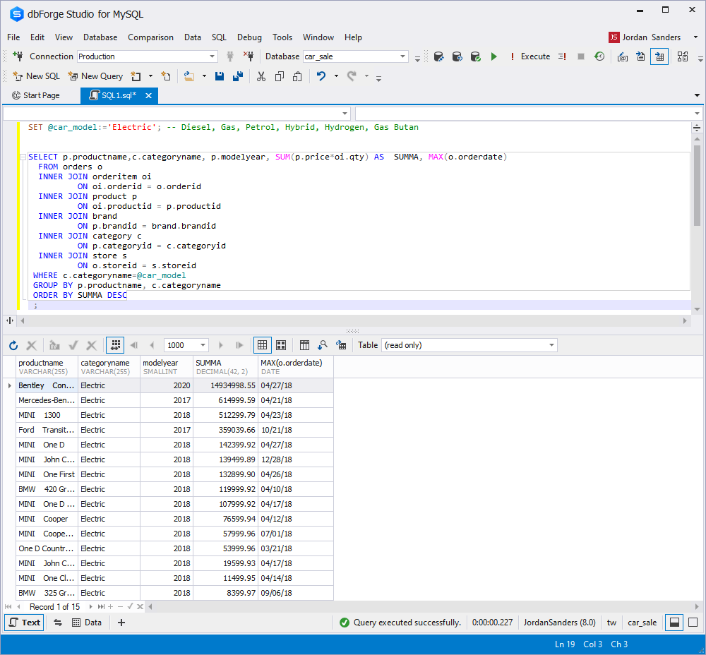 using Studio for MySQL to work with variables
