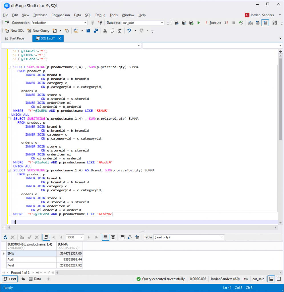 result 1 of using variables in Studio for MySQL
