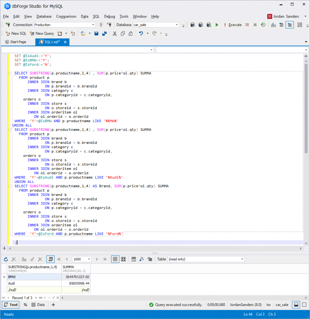 result 2 with changed variables in Studio for MySQL