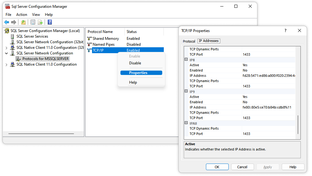 SQL Server Configuration Manager is displaying TCP/IP properties with multiple IP addresses using static port 1433.