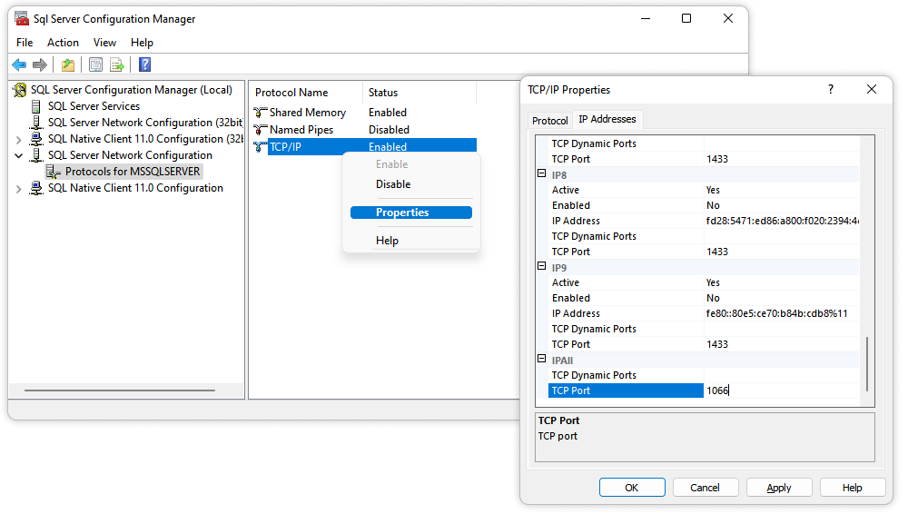 SQL Server Configuration Manager is showing TCP/IP properties with static TCP port set to 1066.