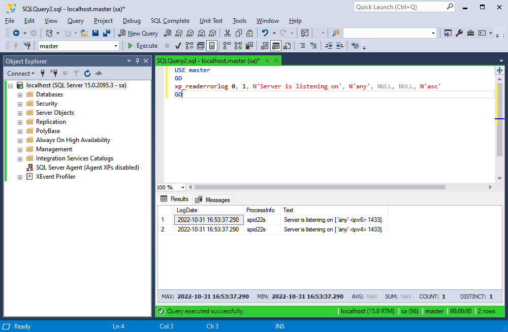 SQL Server Management Studio is showing query with xp_readerrorlog confirming server listening on port 1433 for IPv4 and IPv6.