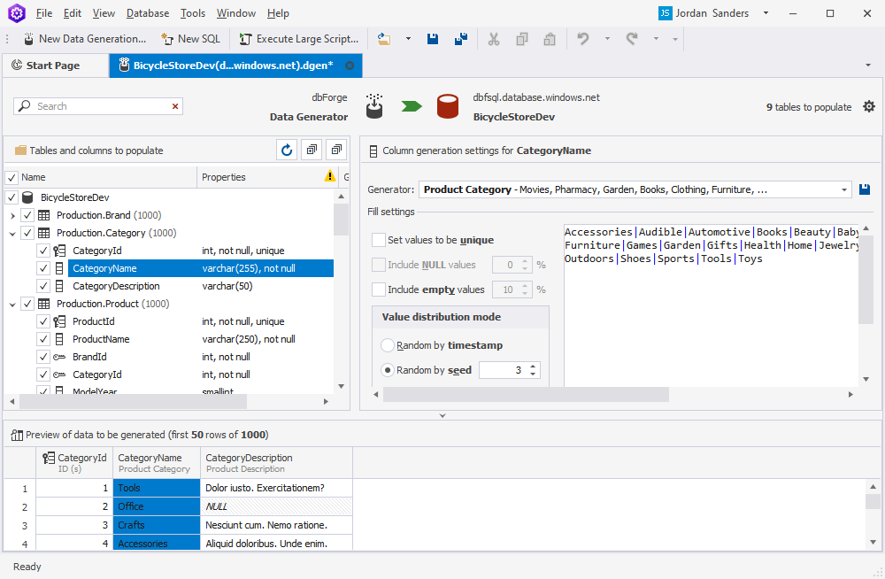 A screenshot of dbForge Data Generator for SQL Server