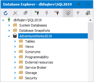 Database Explorer is showing AdventureWorks2019 database with folders for tables, views, and other objects.