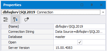 Properties window showcasing SQL Server connection details including name, connection string, database, open status, and server version