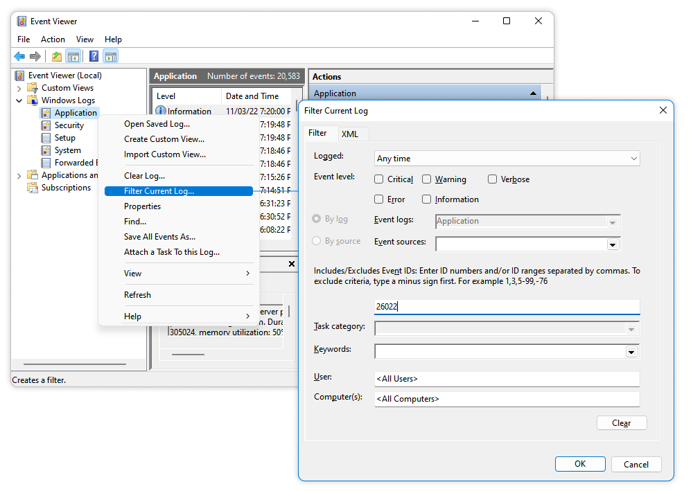 Windows Event Viewer is filtering Application logs by Event ID 26022.